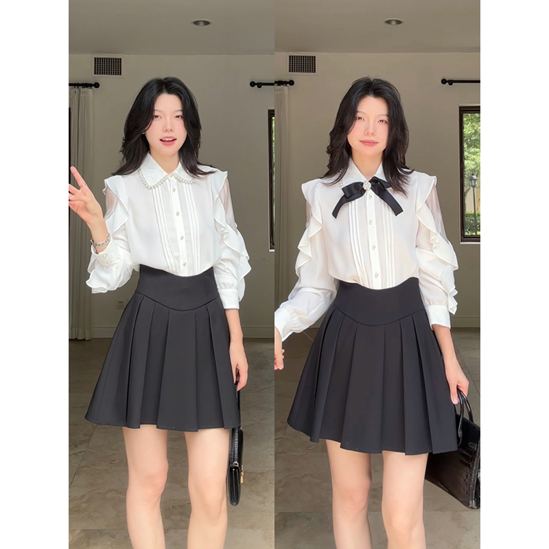 郭九九呢 甜美气质显瘦荷叶袖蝴蝶结衬衫减龄上衣高腰压褶短裙