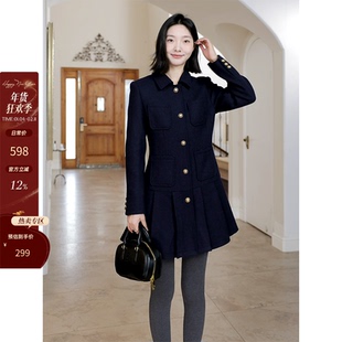 郭九九呢 羊毛气质复古学院风撞色荷叶边毛呢连衣裙冬季新款裙子