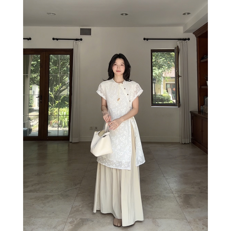 郭九九呢 棉改良新中式镂空蕾丝显瘦上衣夏季宽松禅意风阔腿裤女