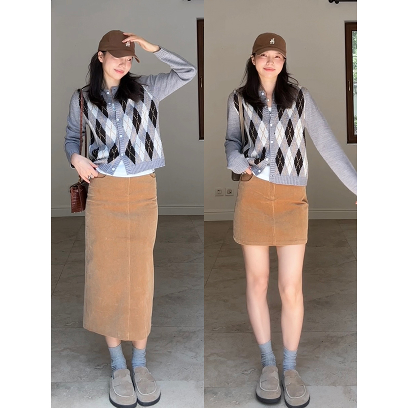 郭九九呢 羊毛菱格宽松显瘦针织开衫早秋上衣百搭灯芯绒半身裙