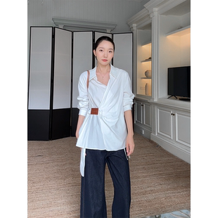 郭九九呢 女 100%棉不对称宽松衬衫 早秋上衣九分撞色边阔腿牛仔裤