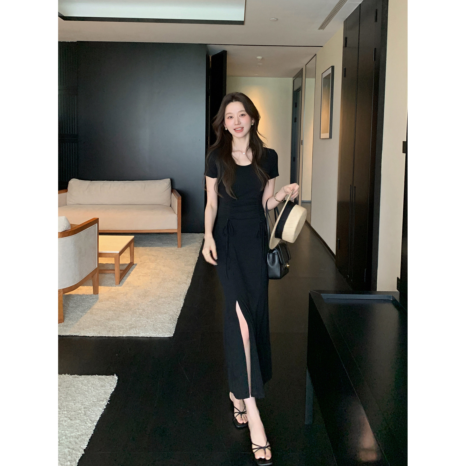 【郭九九呢】 U领开衩鱼尾连衣裙女夏抽绳气质长裙韩版西装外套