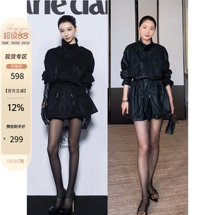 抽繩收腰機(jī)車皮衣春季 顯瘦外套女 帥氣酷颯立領(lǐng)中長款 郭九九呢