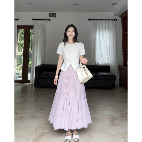 郭九九呢气质薄款收腰显瘦短袖西装外套上衣女夏季重工蝴蝶网纱裙