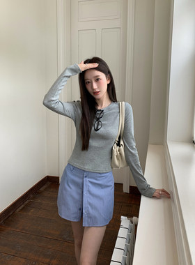 郭九九呢 棉弹力基础显瘦长袖t恤春秋上衣女百搭假两件裤裙短裙