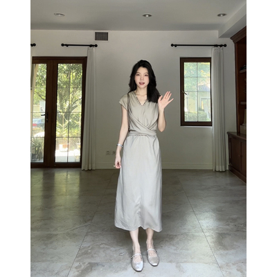 郭九九呢 天丝亚麻贝壳法式气质简约收腰显瘦连衣裙夏季小众长裙
