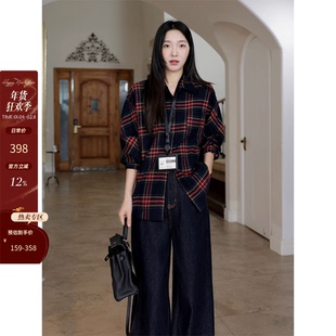郭九九呢 100%棉慵懒风宽松休闲格子衬衫秋季百搭显瘦阔腿牛仔裤