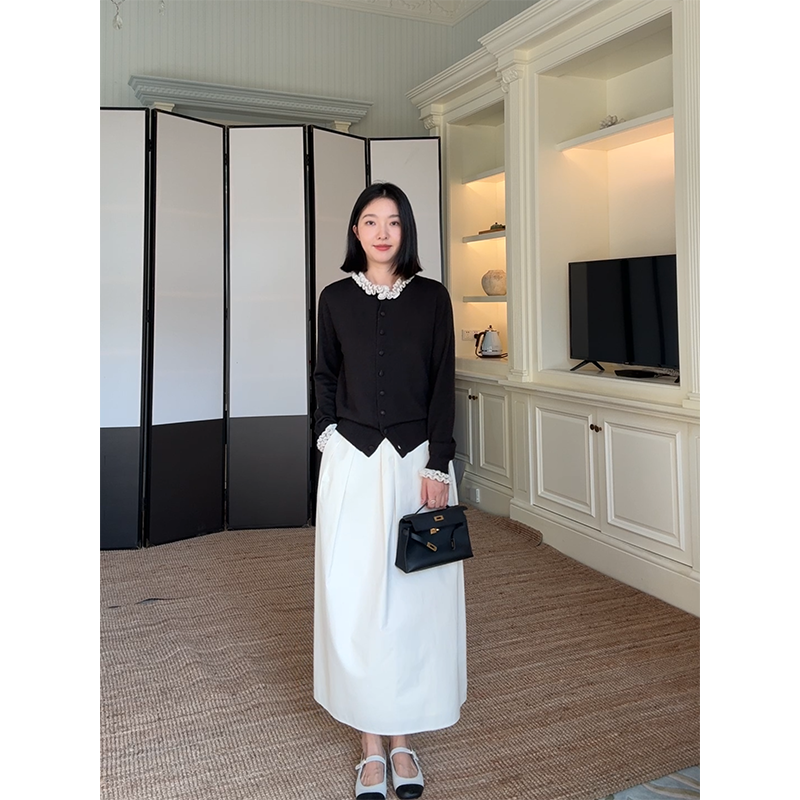 郭九九呢 羊毛花边拼接显瘦针织开衫秋季气质上衣高腰伞摆半身裙