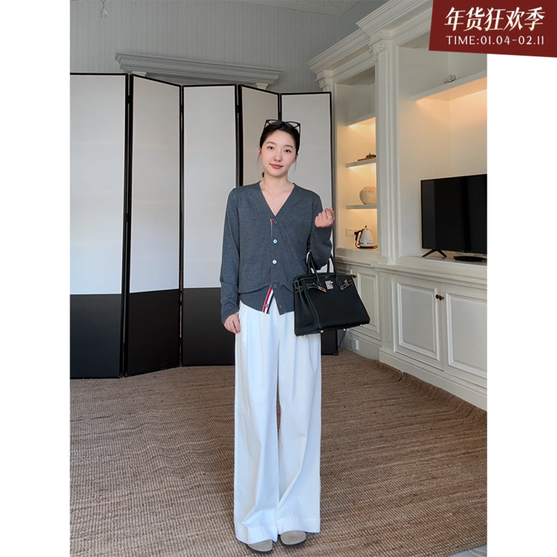 郭九九呢 羊毛V领条纹织带针织开衫外套早秋上衣简约百搭阔腿裤,女装/女士精品,时尚套装,淘宝优惠券,粉丝福利购,淘宝优惠卷