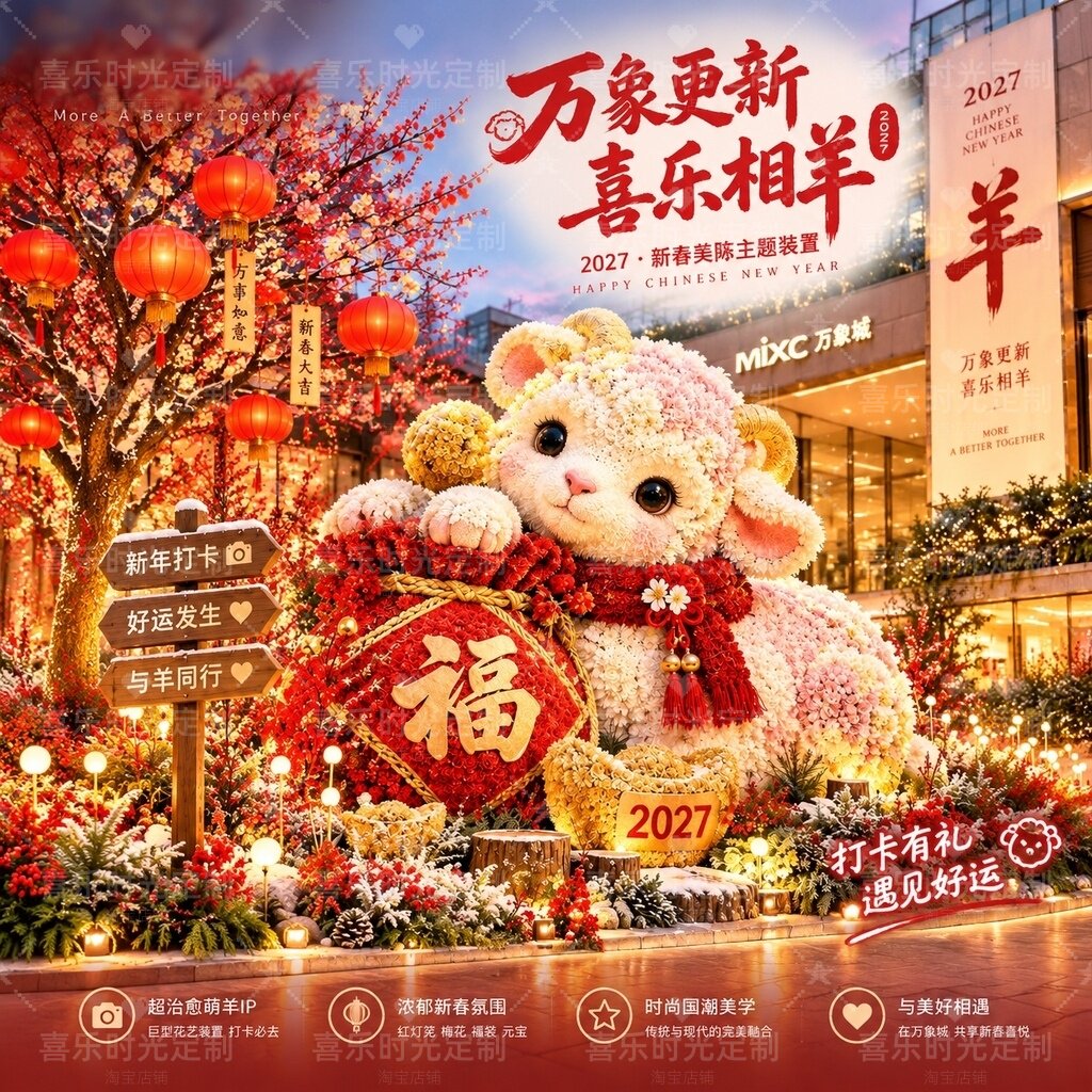 新年巨型铁艺仿真花艺卡通小羊抱福大型商场文化街广场美陈打卡
