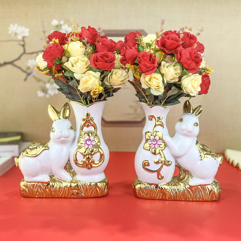 陶瓷花瓶兔年吉祥物新年装饰品家居客厅电视柜插花仿真花摆件兔子