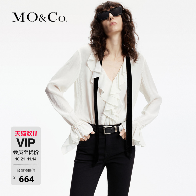 MOCO丝绒带荷叶边含桑蚕丝衬衫