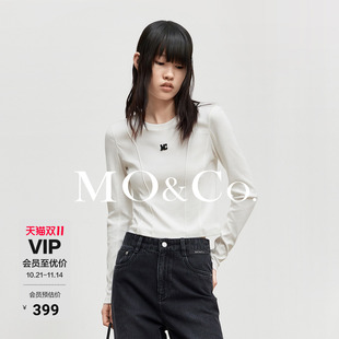 白色黑色 T恤 MOCO春秋MC刺绣设计感线条切割圆领长袖 正肩短款