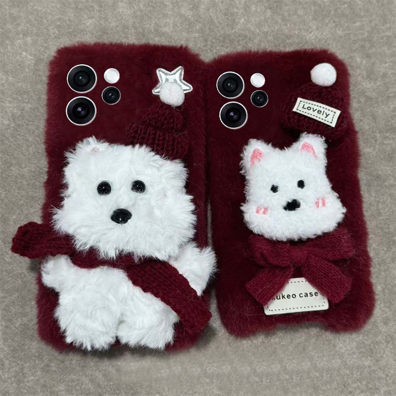 手机壳秋冬毛绒卡通圣诞帽子围巾西高地小狗