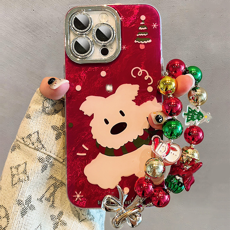 手机壳硅胶冰川纹红色卡通圣诞小狗带手链