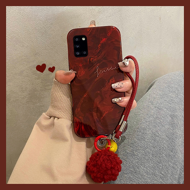 手机壳硅胶羽纱新年水墨晕染红色英文带手链