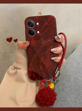 水墨晕染红色英文适用小米红米turbo5max手机壳turbo5羽纱redmi新年mi带手链韩系小众新款全包防摔保护套硅胶