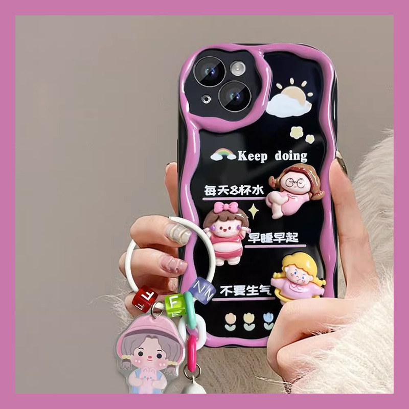 手机壳早睡早起立体卡通蝴蝶结女孩带挂件