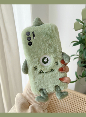 毛绒绿色大眼仔适用oppoa6pro手机壳a6max秋冬a6gt毛茸茸a6i怪兽a93s立体a58x卡通a92s可爱a72a32/a11a5/0pp0