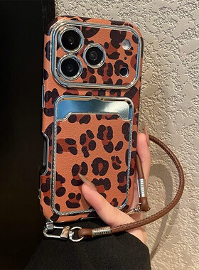 ins风棕色豹纹卡包适用小米红米k80手机壳note13pro复古noto12turbo带turbo4por挂绳k70斜挎k60可背redmik女p