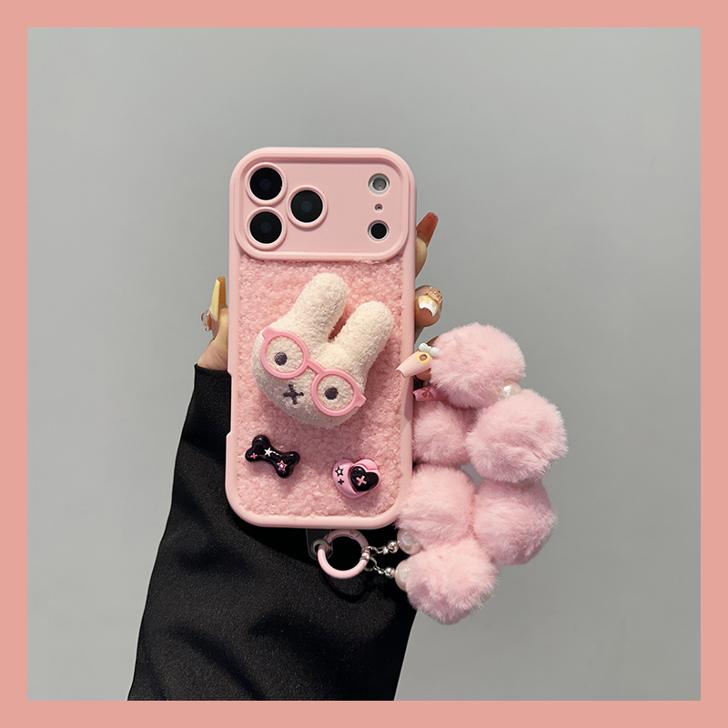 手机壳秋冬卷毛毛绒立体卡通眼镜米菲兔手链