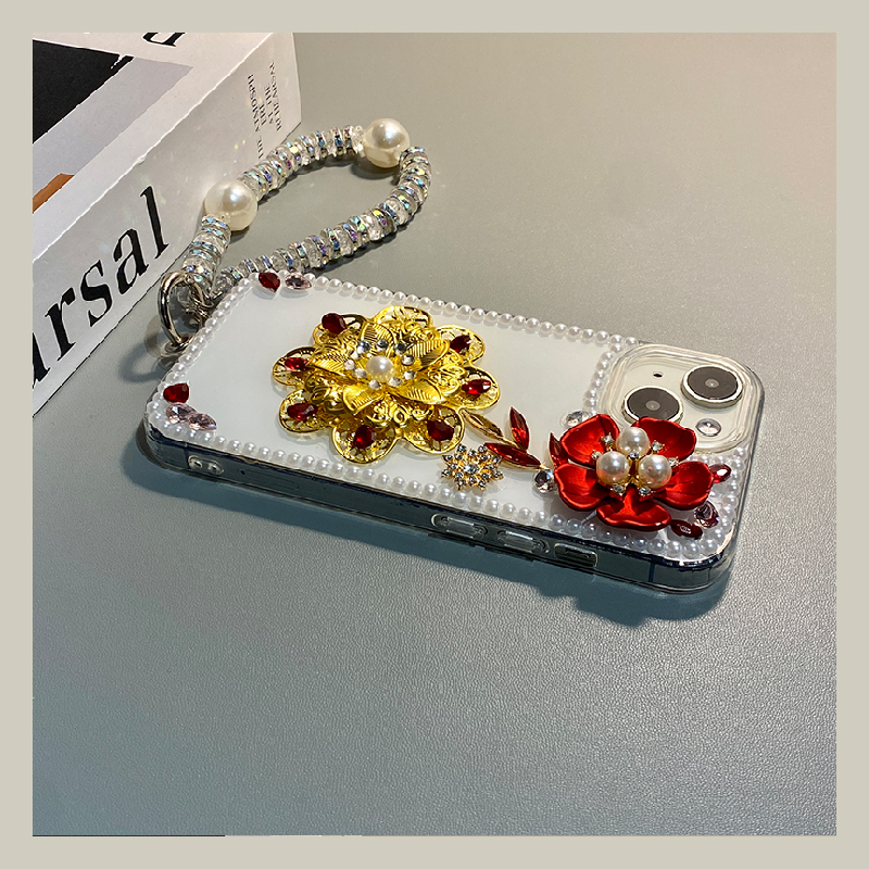 手机壳硅胶珍珠边框立体金色红色花朵带手链