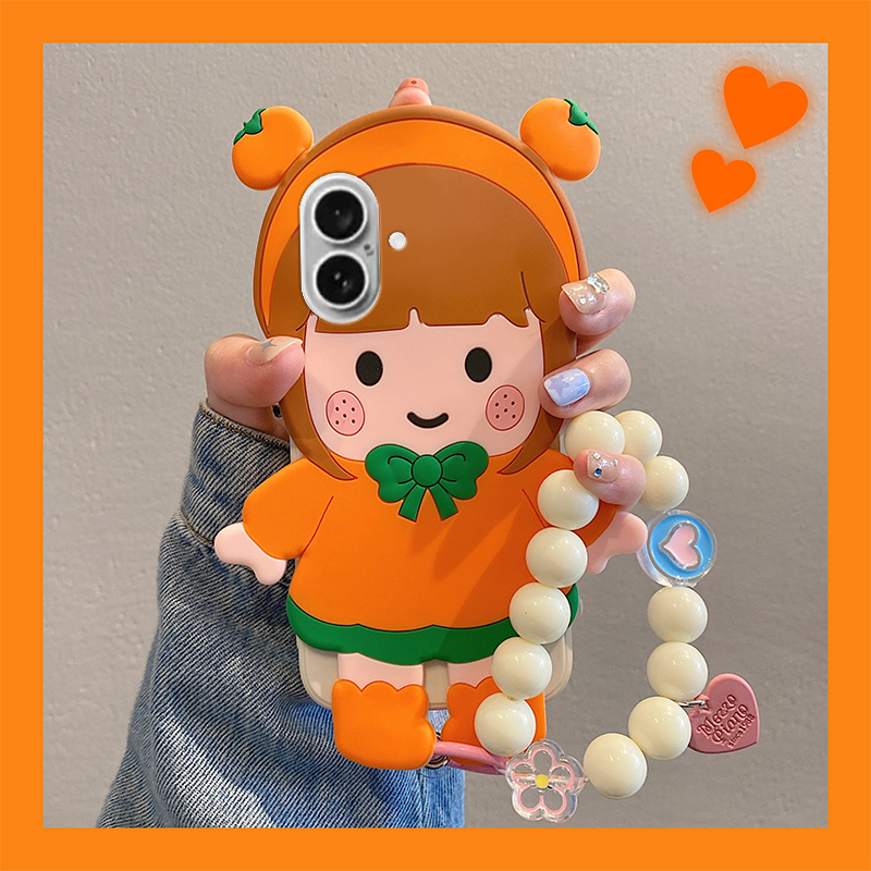 手机壳硅胶可爱卡通柿子女孩带珍珠挂链