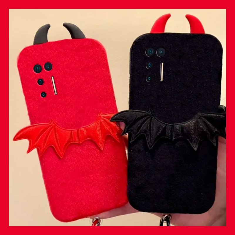 手机壳秋冬毛绒卡通恶魔翅膀立体耳朵尼龙绳
