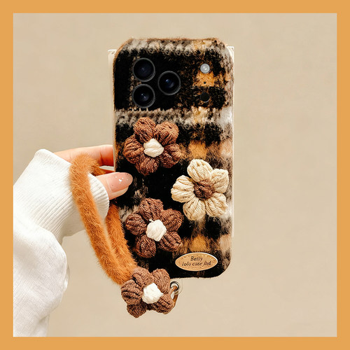 手机壳秋冬绒布拼色格子立体针织花朵尼龙绳