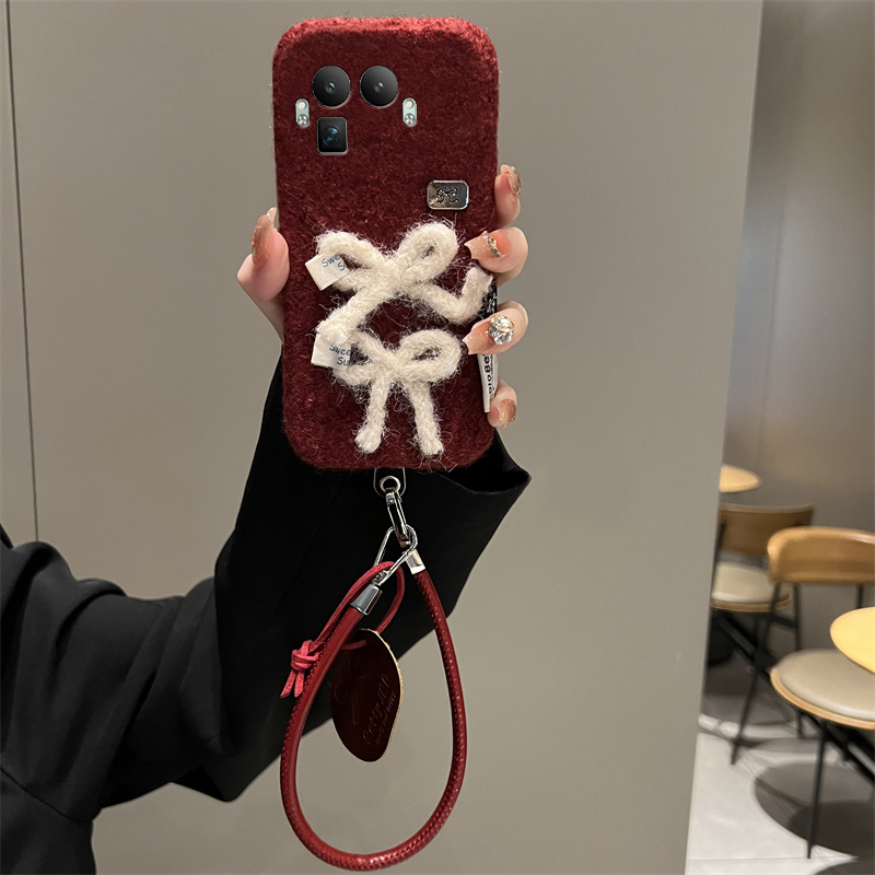 手机壳秋冬绒布红色立体毛绒蝴蝶结挂件皮绳