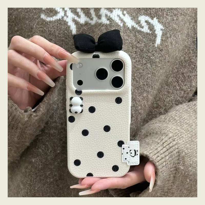 手机壳仿皮皮纹波点秋冬立体卡通蝴蝶结熊猫