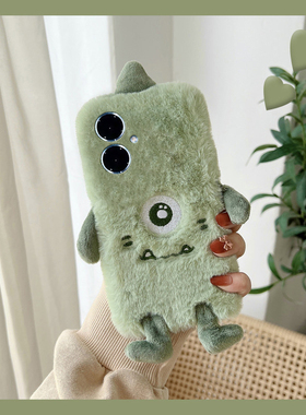 毛绒绿色大眼仔适用vivoy500手机壳y50m秋冬y300pro+毛茸茸y200gt怪兽y100i立体y77e卡通y93s可爱y85十vivo女