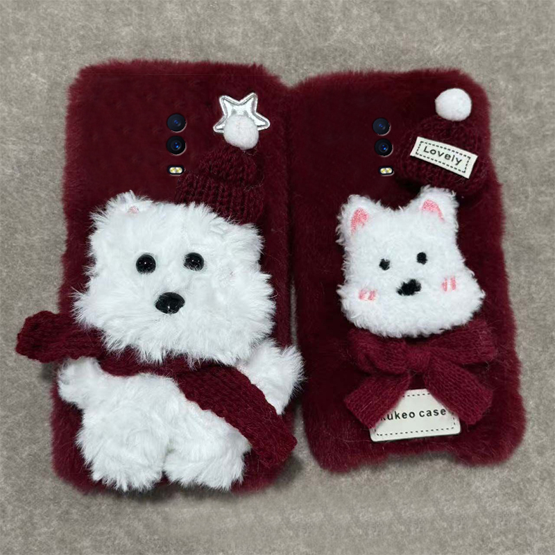 手机壳秋冬毛绒卡通圣诞帽子围巾西高地小狗