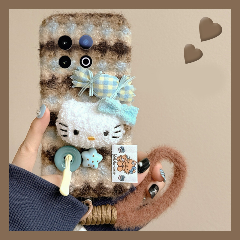 条纹糖果凯蒂猫适用vivoiqooz10x手机壳iqooz9turbo挂绳z8x立体z7i秋冬季z6x毛绒z5卡通u5x爱酷u3x/iq00/vivo