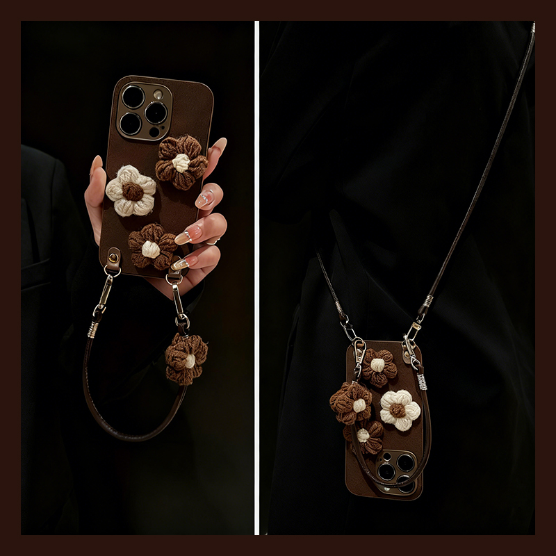 手机壳硅胶月坑纹秋冬毛绒针织花朵斜跨挂绳