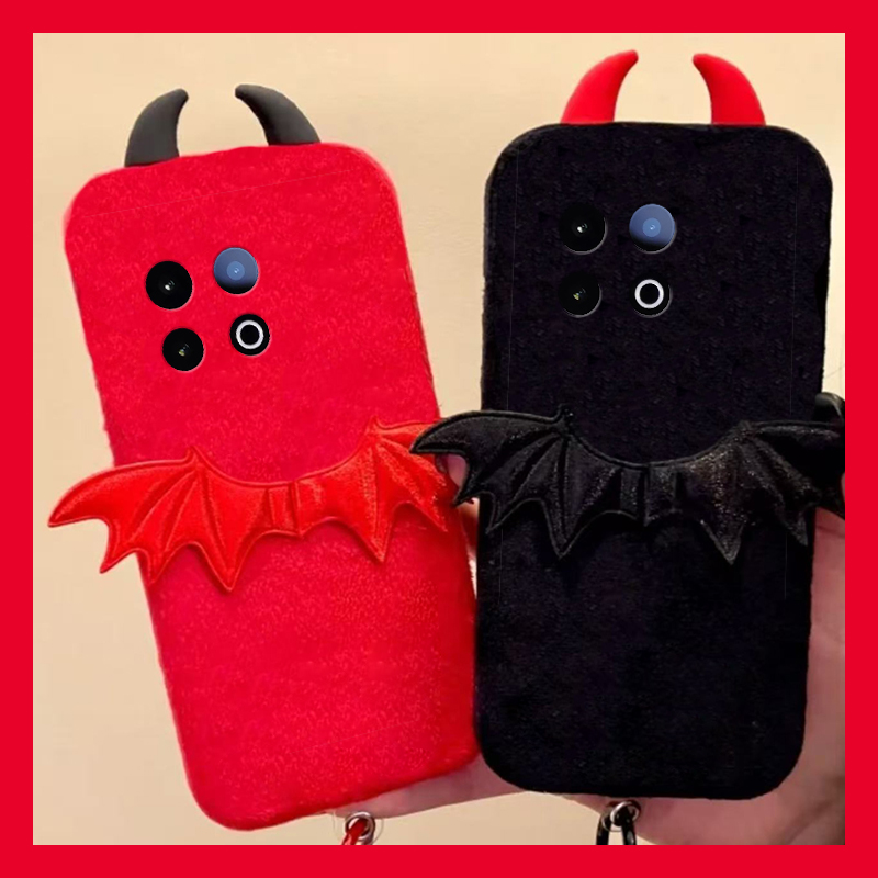 手机壳秋冬毛绒卡通恶魔翅膀立体耳朵尼龙绳