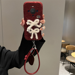 ins风红色毛绒适用华为mate80promax手机壳mete80gts秋冬70air立体60rs非凡大师50e蝴蝶结40pro 带十挂件皮绳