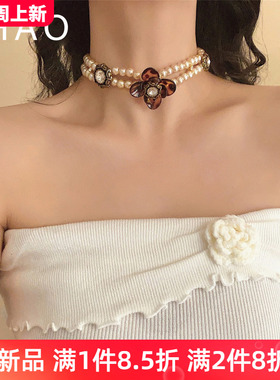 琥珀秋冬~欧美复古豹纹花朵双层珍珠项链女 ins百搭高级感锁骨链