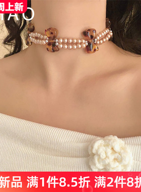 逐梦~轻奢复古氛围感琥珀色蝴蝶结双层珍珠项链 欧美ins风锁骨链