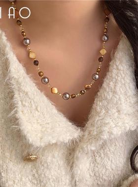 混搭美感~小众复古美拉德虎眼石串珠珍珠项链 轻奢气质温柔锁骨链