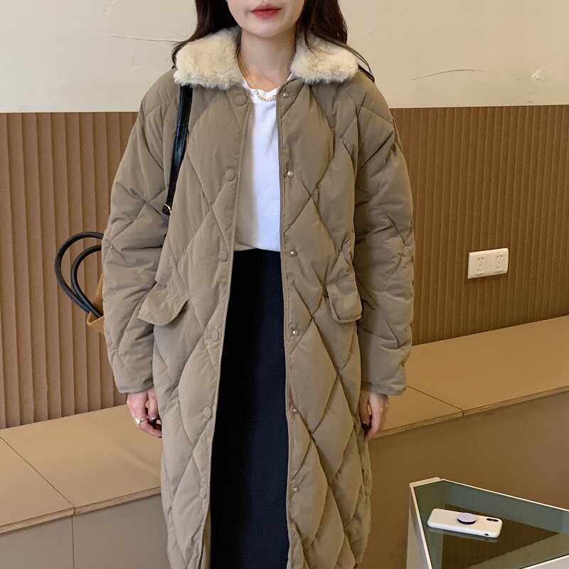 2021冬季简约韩版菱形格毛领单排扣宽松口袋加厚保暖中长款棉服