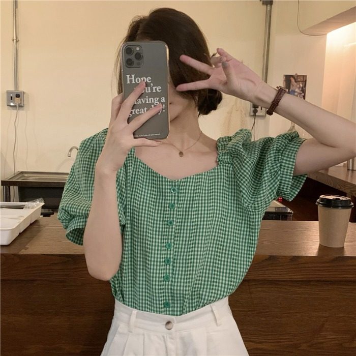 新款韩式复古方领格子撞色气质女装衬衫百搭甜美宽松泡泡袖上衣