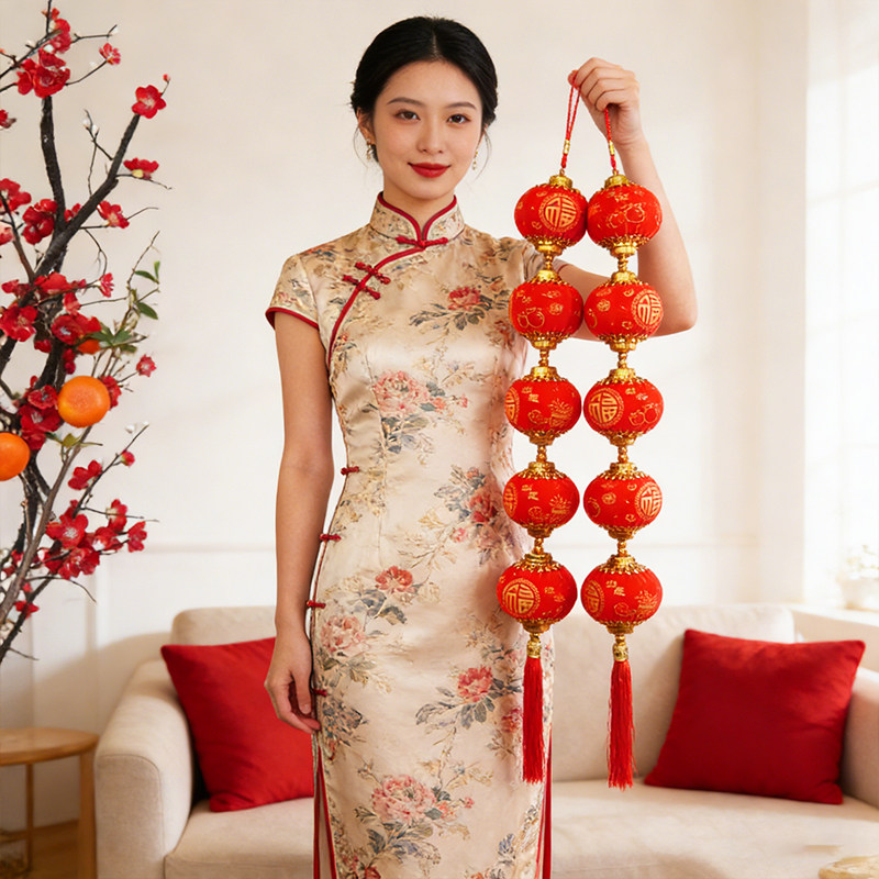 2026小红灯笼挂饰连串植绒喜庆挂件氛围布置新年春节马年过年装饰