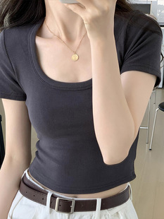 性感打底上衣小U领露锁骨短款 螺纹正肩短袖 修身 t恤女秋季 体恤 新款