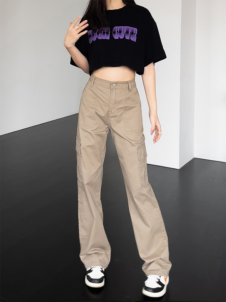 卡其色工装裤女2025夏季新款高腰直筒拖地长裤美式窄版阔腿牛仔裤