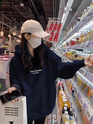 中长款连帽卫衣女士春夏欧货宽松休闲帽衫慵懒风搭配鲨鱼裤的上衣