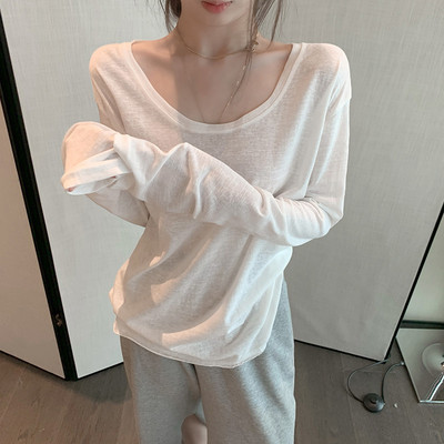 大领口白色长袖T恤女夏季新款宽松显瘦u领露锁骨打底衫防晒上衣