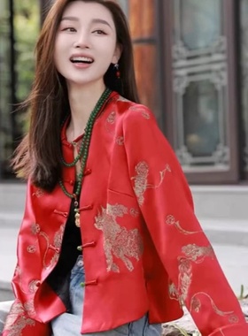 新中式国风红色开衫外套女2025新款早秋高级感唐装小个子短款上衣