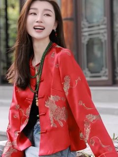 新中式国风红色宋锦外套女2024新款春季高级感唐装小个子短款上衣