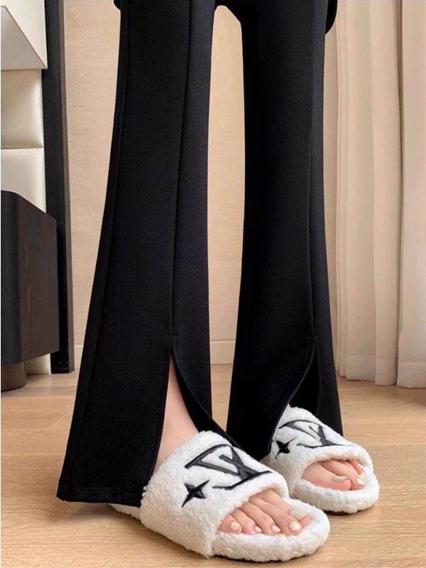 黑色微喇裤子女装2025秋季新款小个子高腰弹力开叉休闲喇叭西装裤